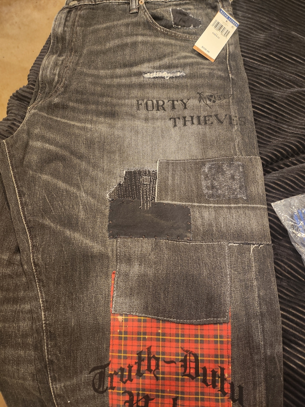 Men's Distressed Patchwork Jeans - Black Grey